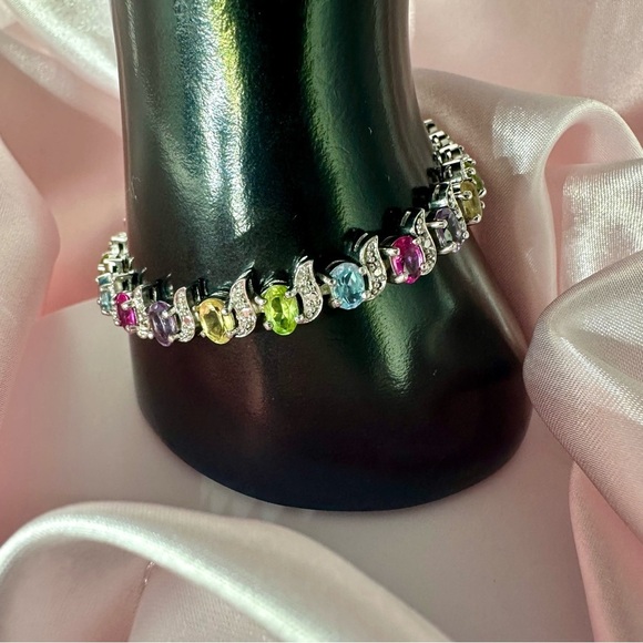 Sterling Silver Multi-Gemstone Tennis Bracelet – Oval Cut Sparkle, 7.5" - Picture 1 of 13